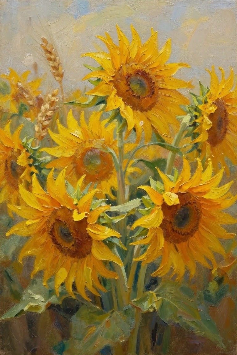 Vibrant yellow sunflowers with brown centers in textured impressionist painting