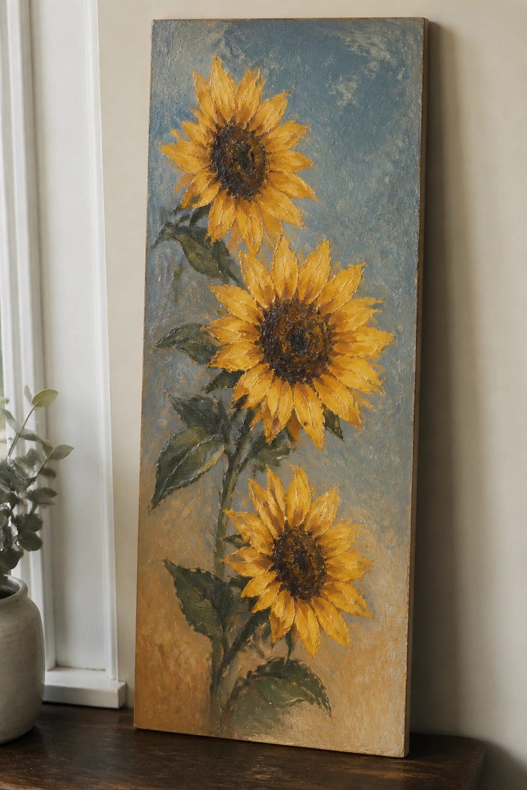 Three sunflowers with yellow petals and green leaves on a textured canvas