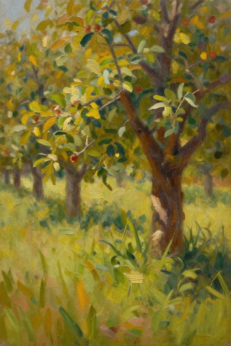 Impressionistic painting of apple orchard trees with green leaves and red fruit