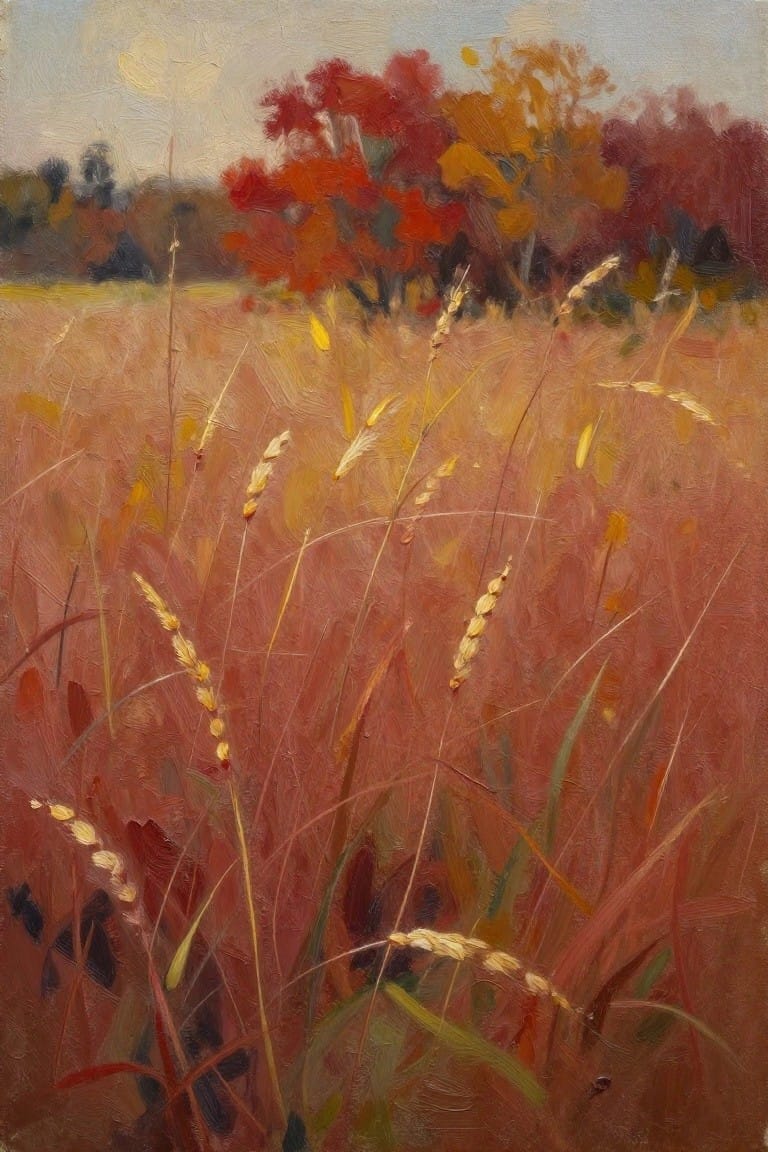 An oil painting of tall wheat stalks with seed heads in a warm red and orange field, with autumn-colored trees in the background.