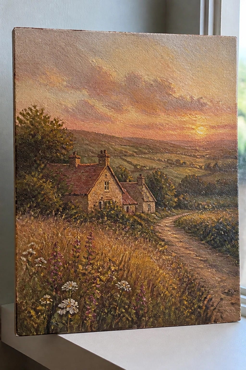 An oil painting of a stone cottage beside a dirt path at sunset, with rolling hills, wildflowers in the foreground, and a glowing sky.