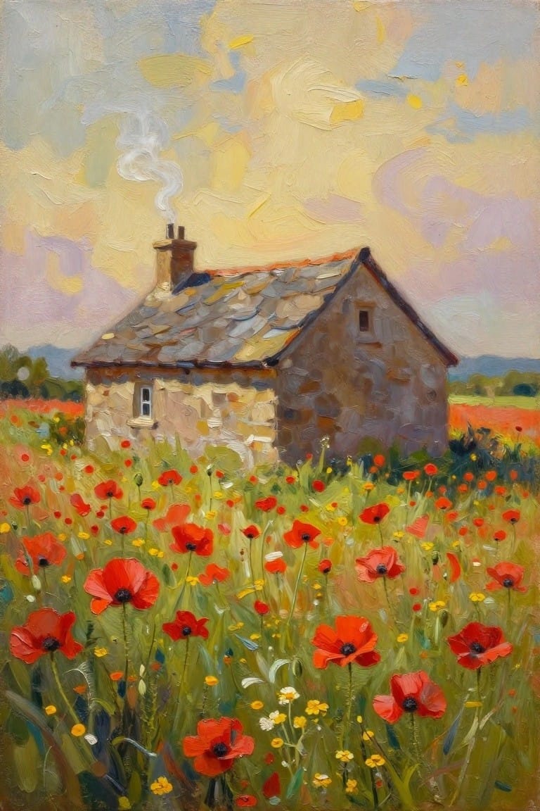 Stone cottage with smoking chimney amid vibrant red poppy field under colorful sky