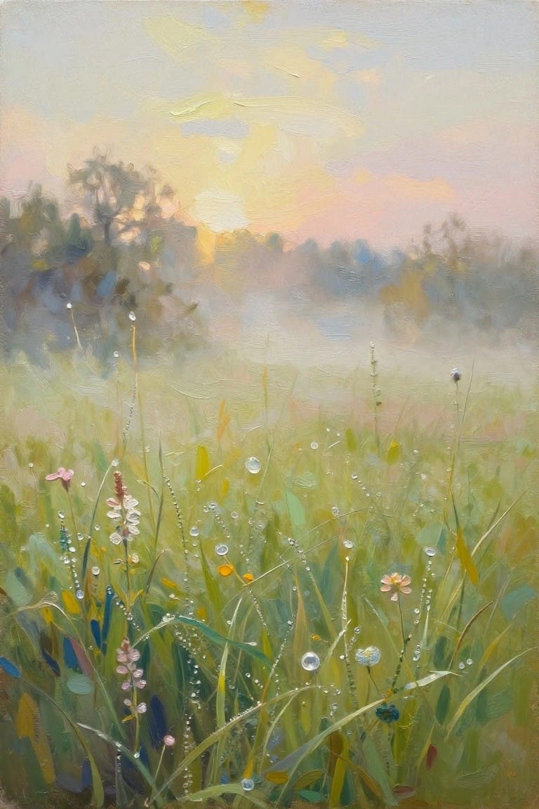Dewy wildflowers in misty meadow at soft sunrise with blurred trees
