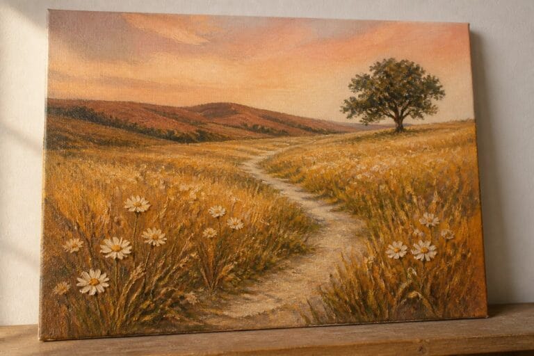 Winding path through field of daisies with lone tree and hills at sunset.