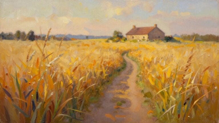 An oil painting shows a winding path through golden wheat leading to a farmhouse under a cloudy sky.