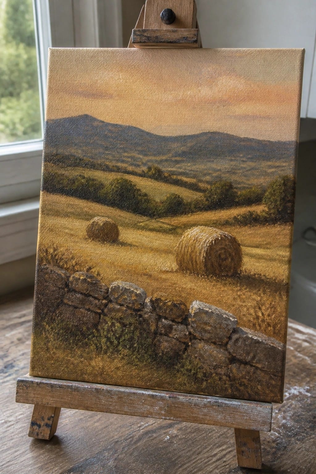 Landscape painting on easel of hay bales, stone wall, and golden hills at sunset.