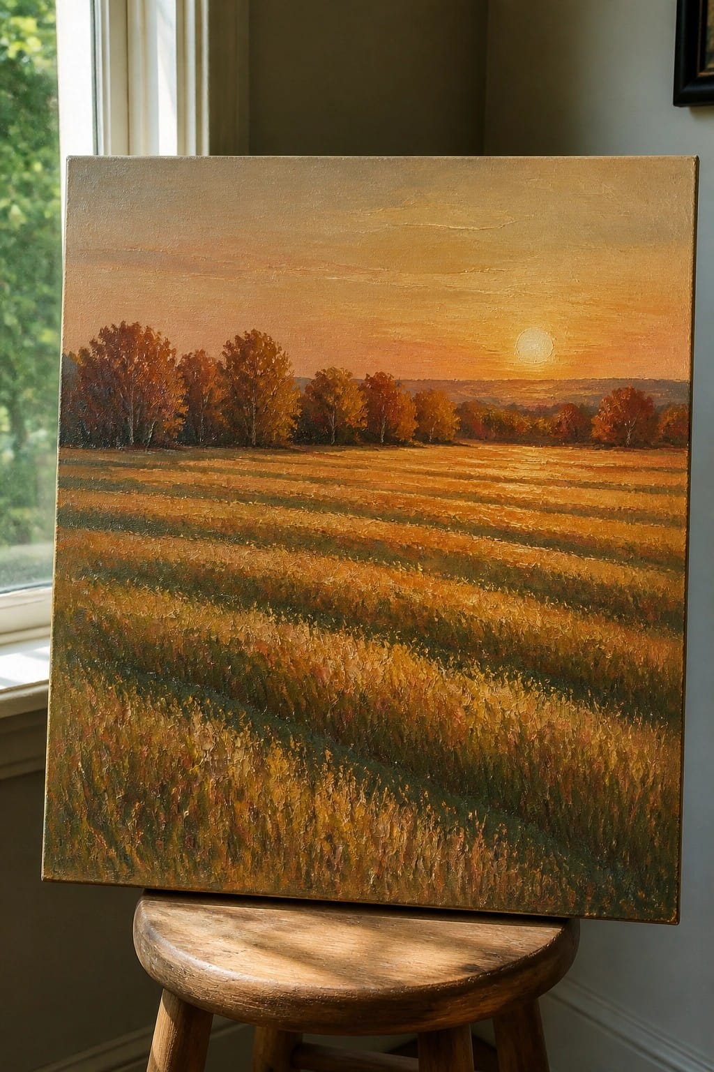 Autumn landscape painting of golden field with autumn trees at sunset on wooden stool