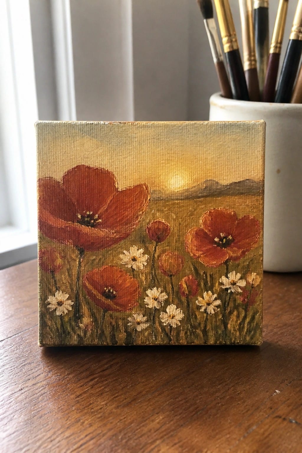 Small canvas painting of red poppies and daisies at golden sunset with paintbrushes nearby.