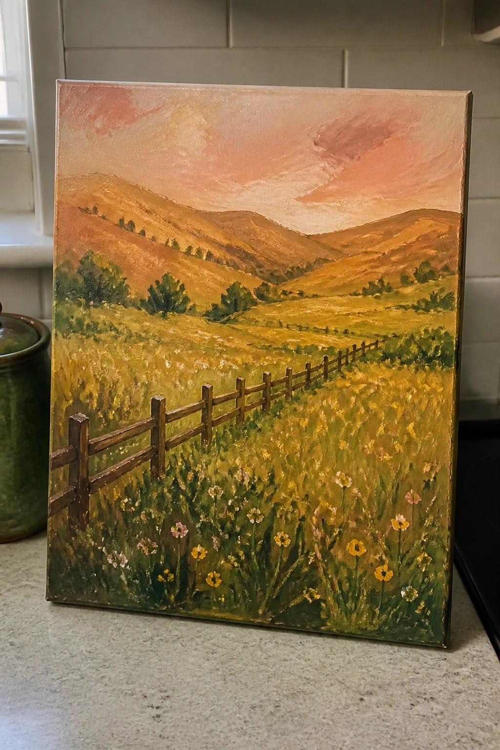 Oil painting of wooden fence in yellow wildflower meadow with rolling hills under pink sunset sky