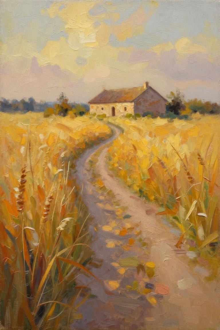 An oil painting shows a winding path through golden wheat leading to a farmhouse under a cloudy sky.