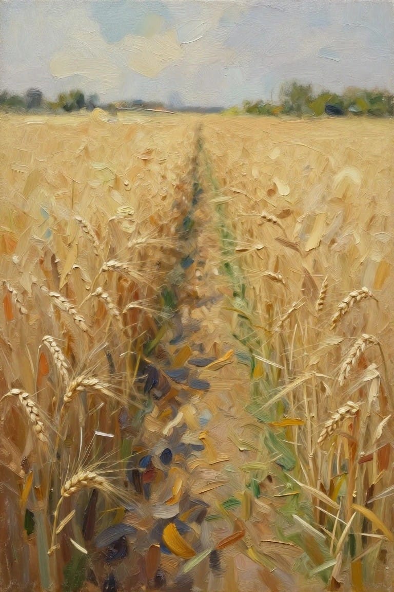 Golden wheat field with path under cloudy sky in thick impasto oil paint