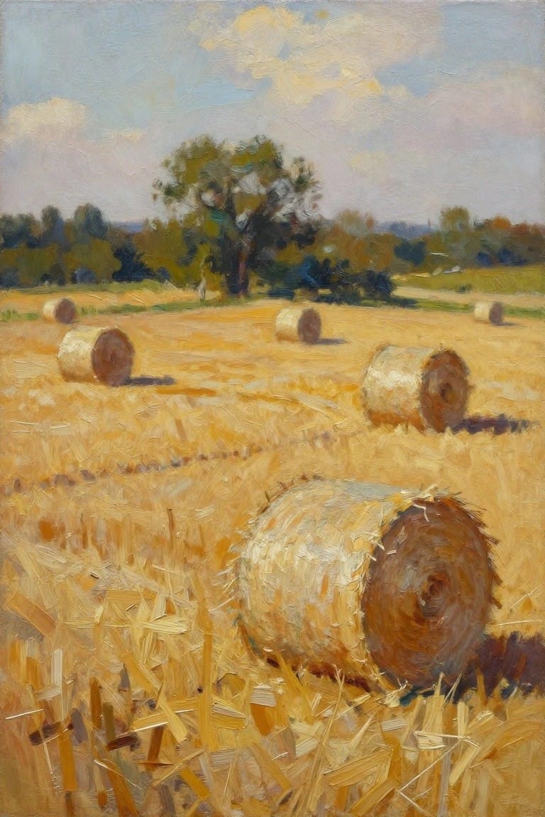 Golden hay bales scattered across a sunlit field with trees and blue sky