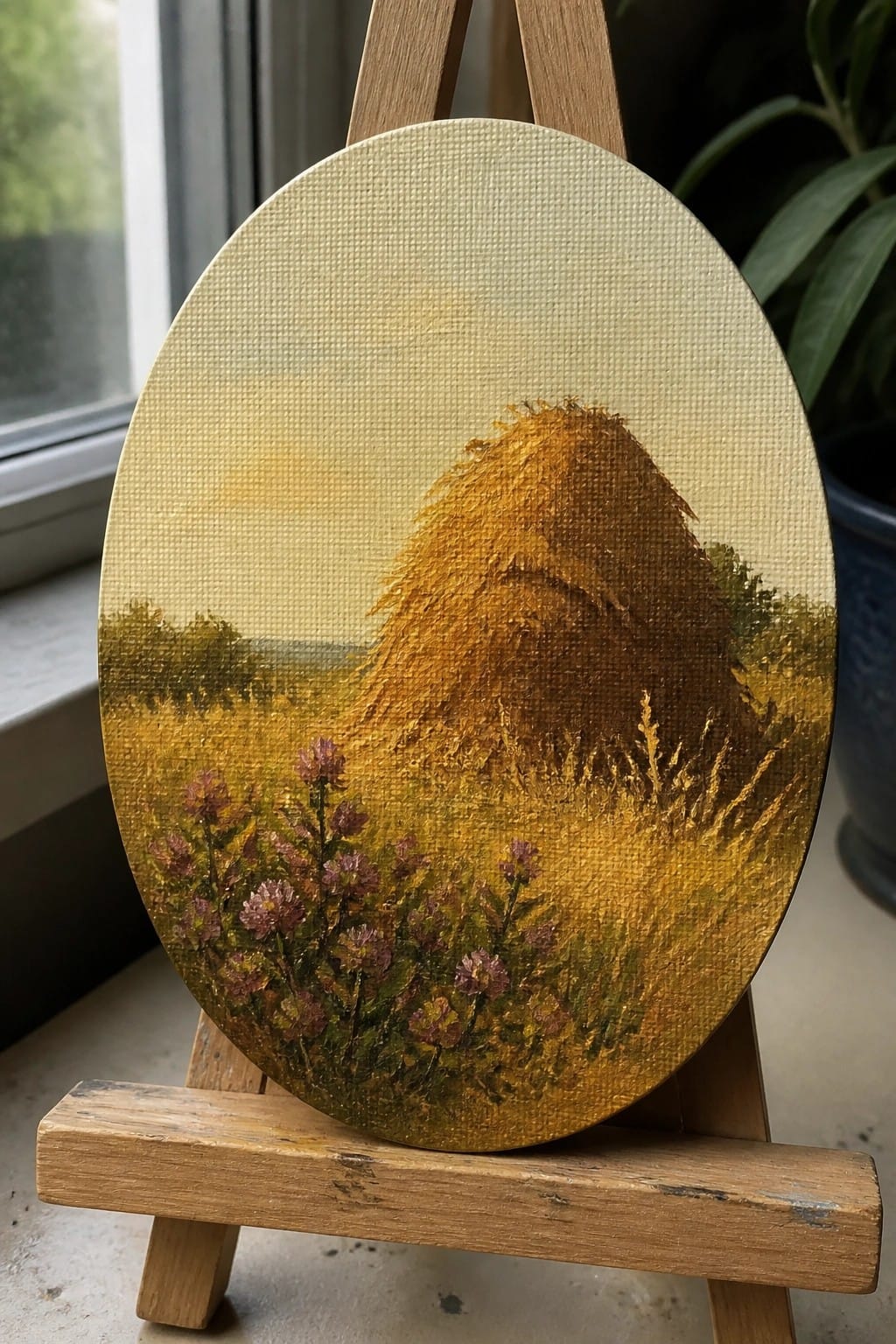 Oval canvas on easel depicts haystack in golden field with purple wildflowers