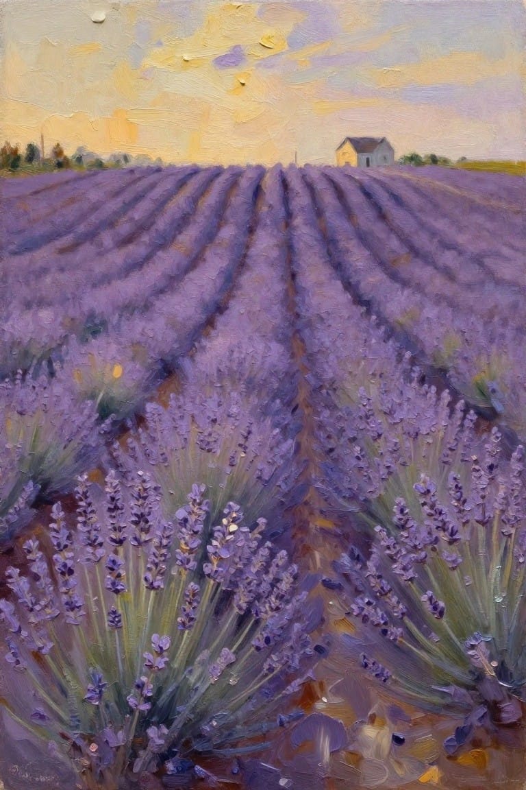 Rows of purple lavender flowers leading to a distant house at sunset.
