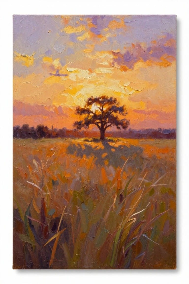 Impressionistic oil painting of lone tree silhouetted at sunset over golden field.