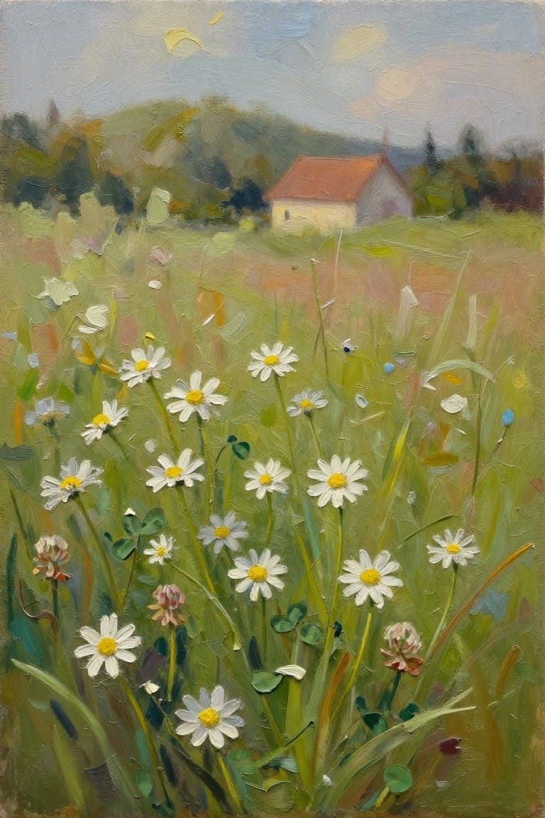 Impressionistic painting of white daisies blooming in a green field with a distant house
