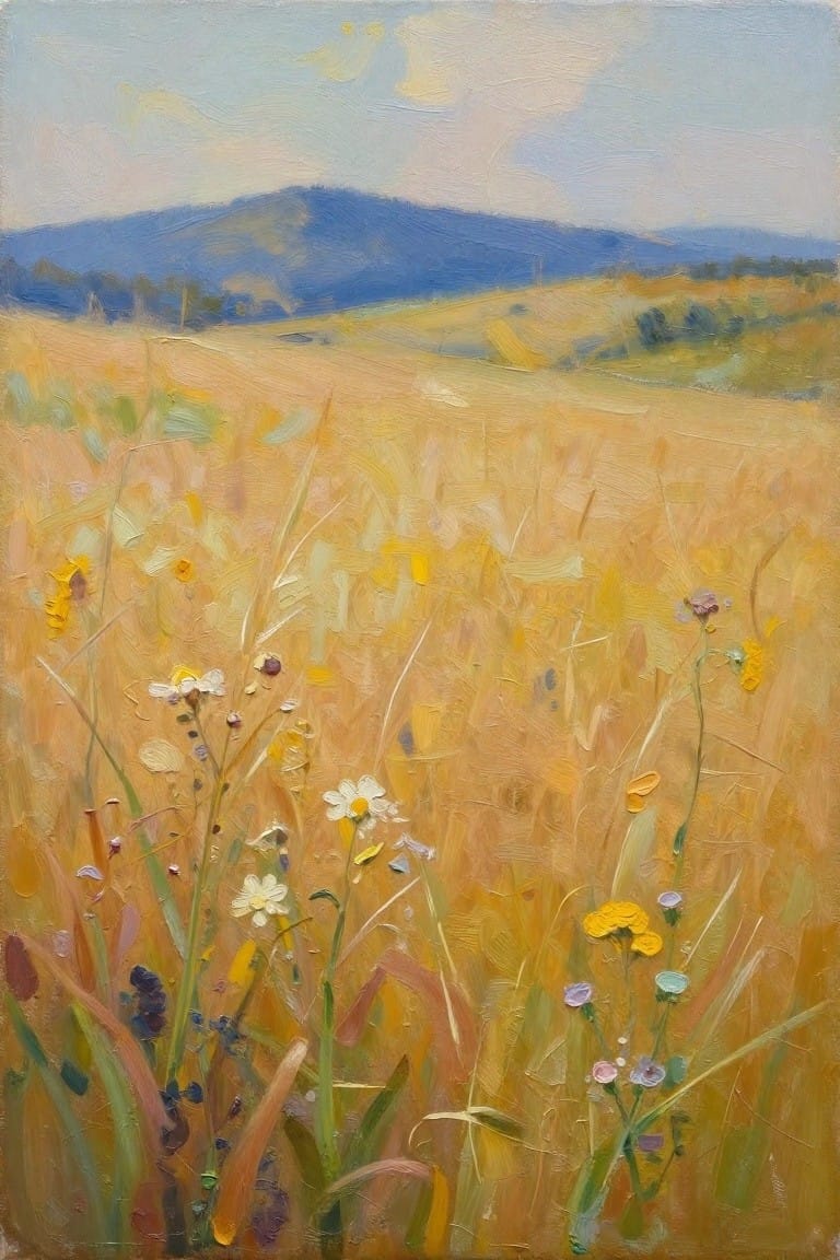 Impressionistic painting of wildflowers blooming in a golden meadow with distant hills.