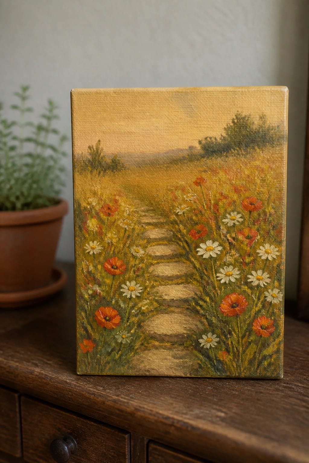 Canvas painting of stone path through meadow of poppies and daisies