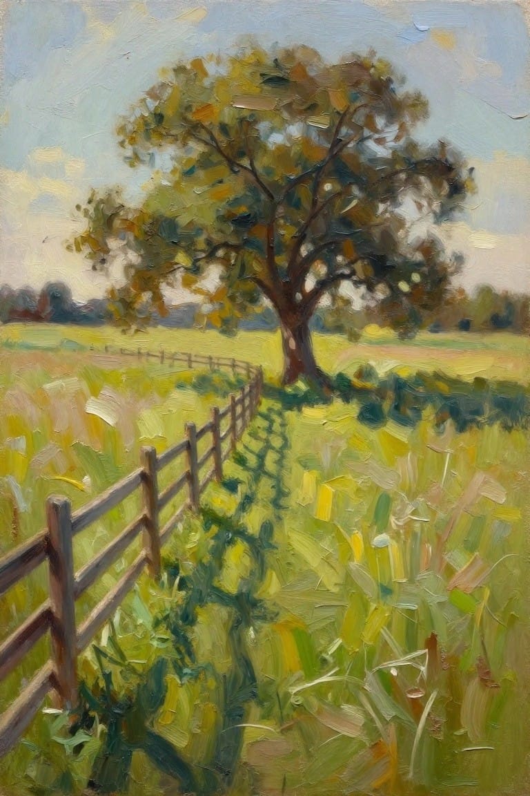 Vibrant oil painting of large tree beside wooden fence in green field under blue sky