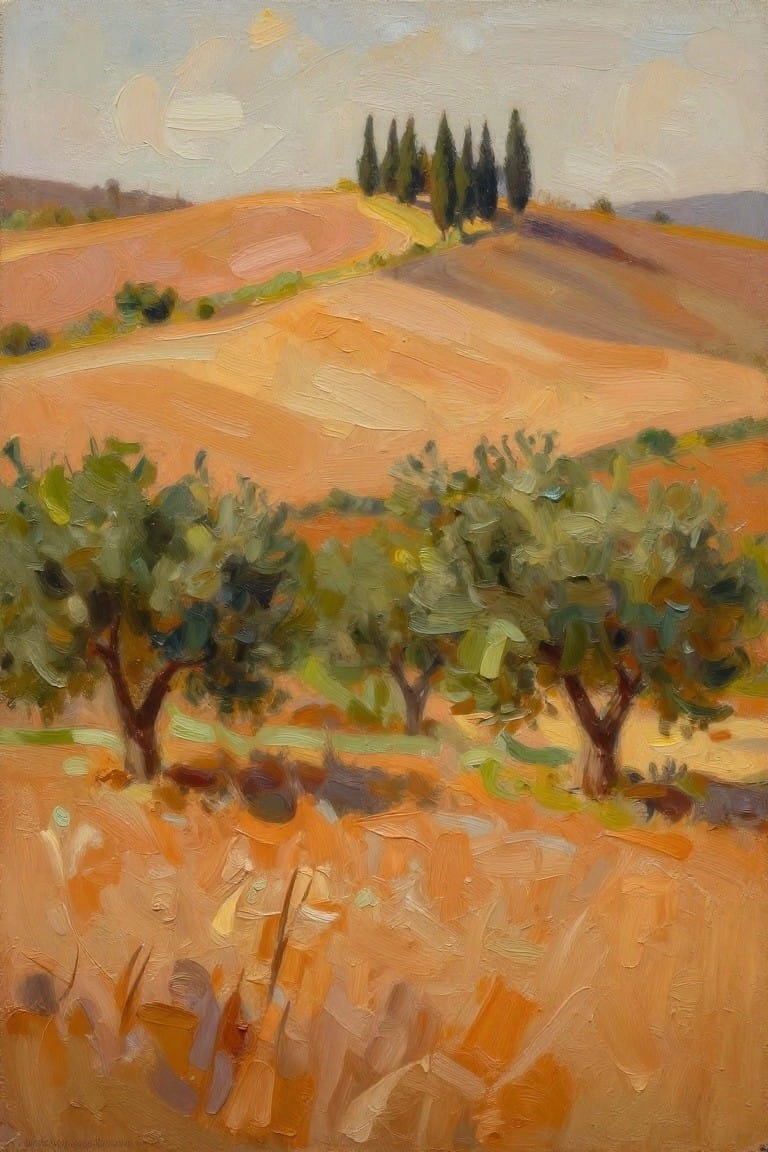 An oil painting of rolling orange-brown hills with green trees in the foreground and a line of cypress trees on a distant ridge under a light sky.