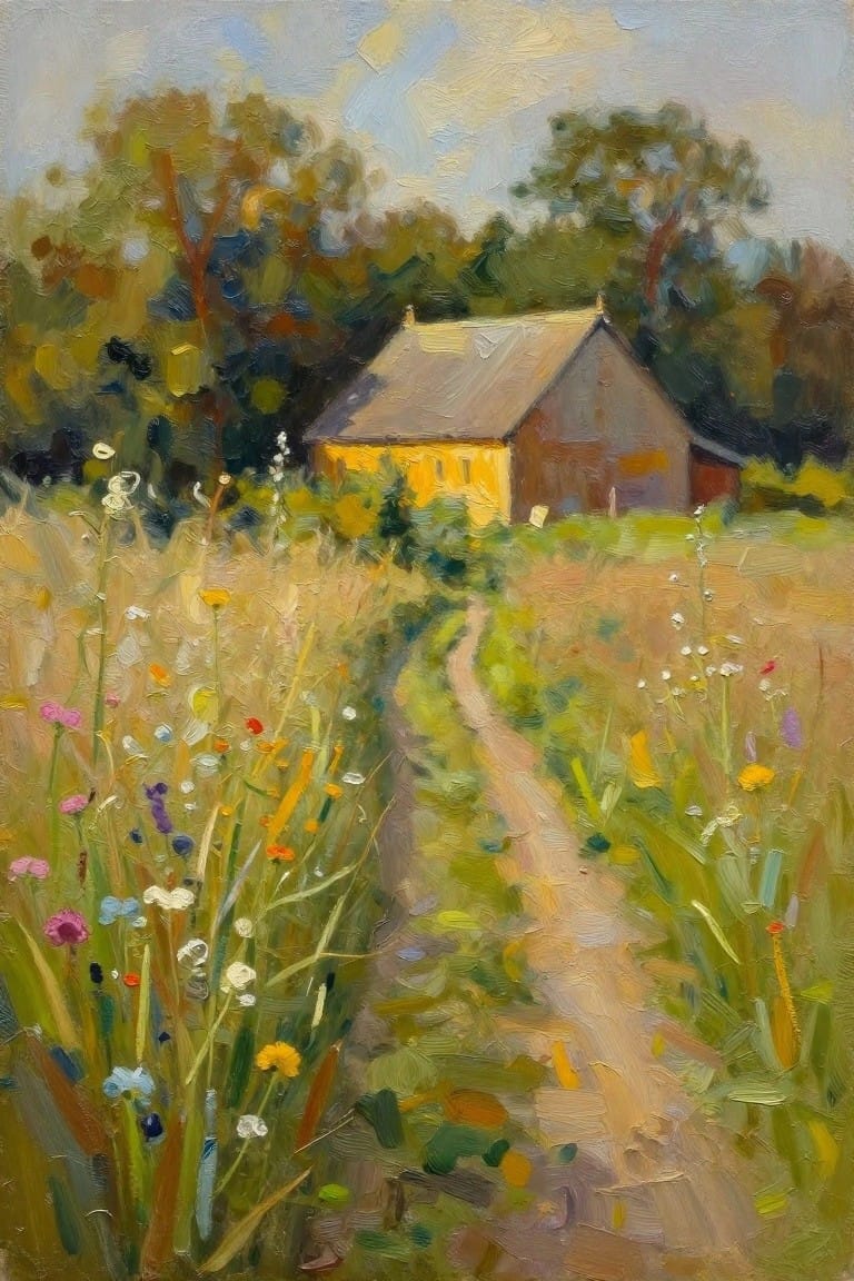 Vibrant oil painting of a wildflower path leading to a rustic house amid trees