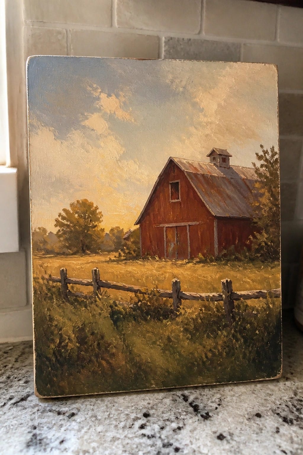 Red barn with rusty roof in golden field at sunset, wooden fence foreground.
