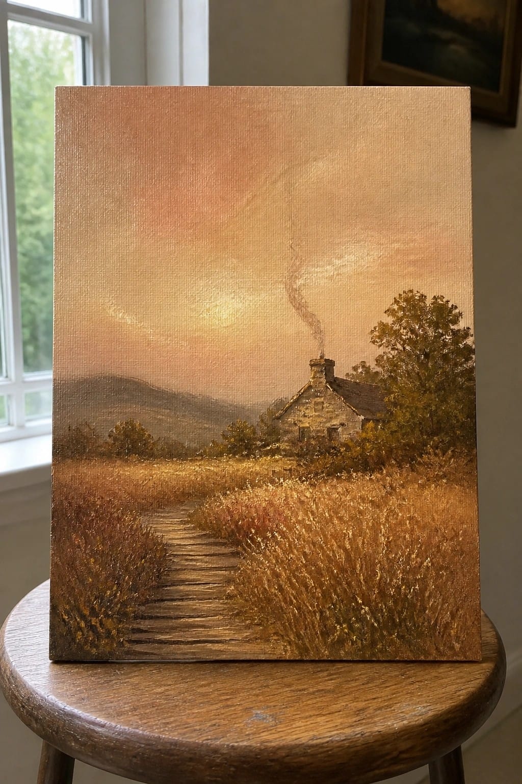 Sunset painting of path to smoking stone cottage in golden field on wooden stool.