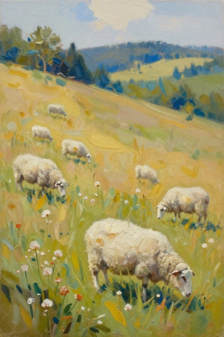 An oil painting of several white sheep grazing in a sunlit meadow filled with wildflowers and backed by rolling hills.
