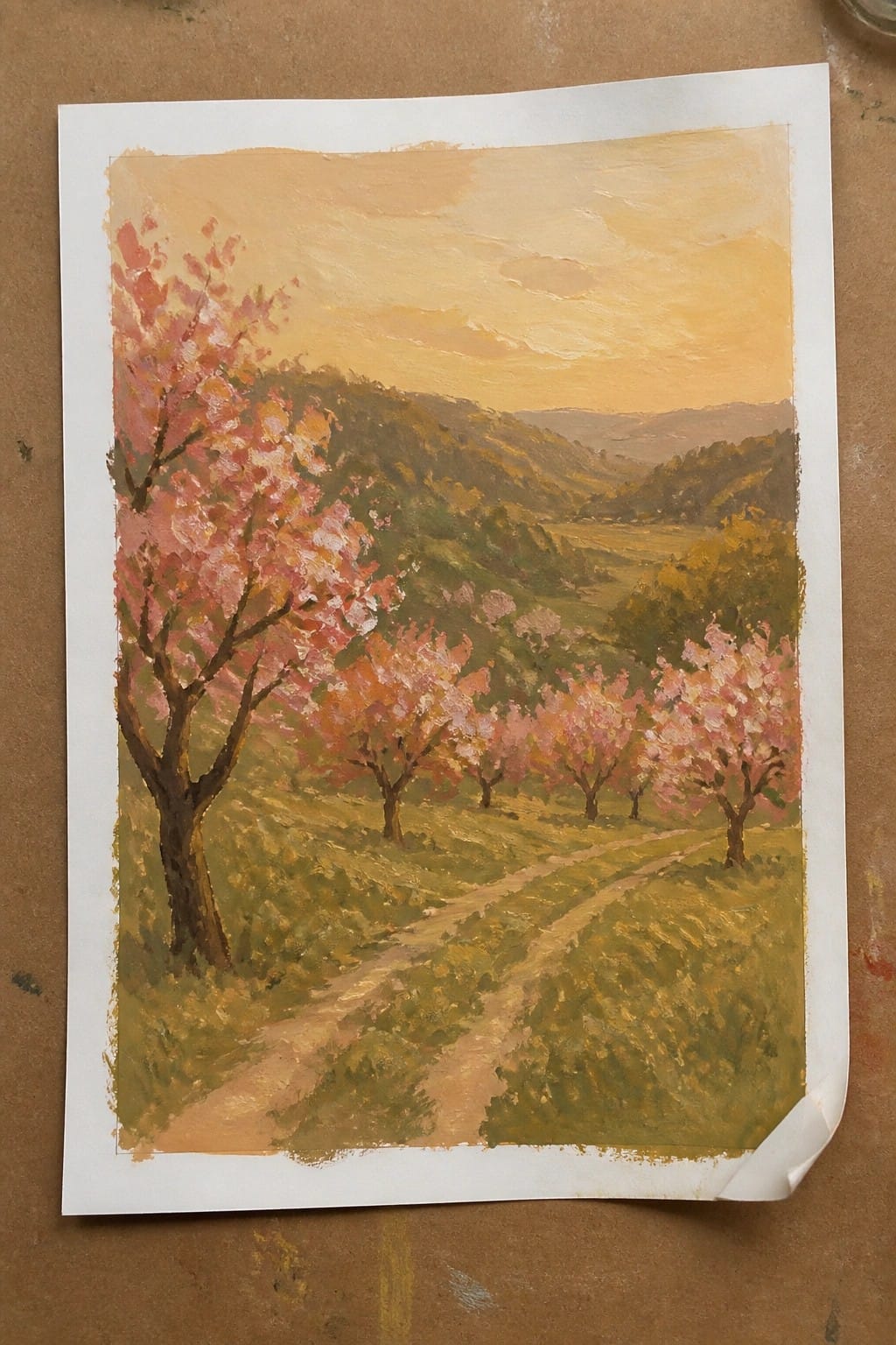 Painting of pink cherry blossoms along winding path through rolling green hills at sunset