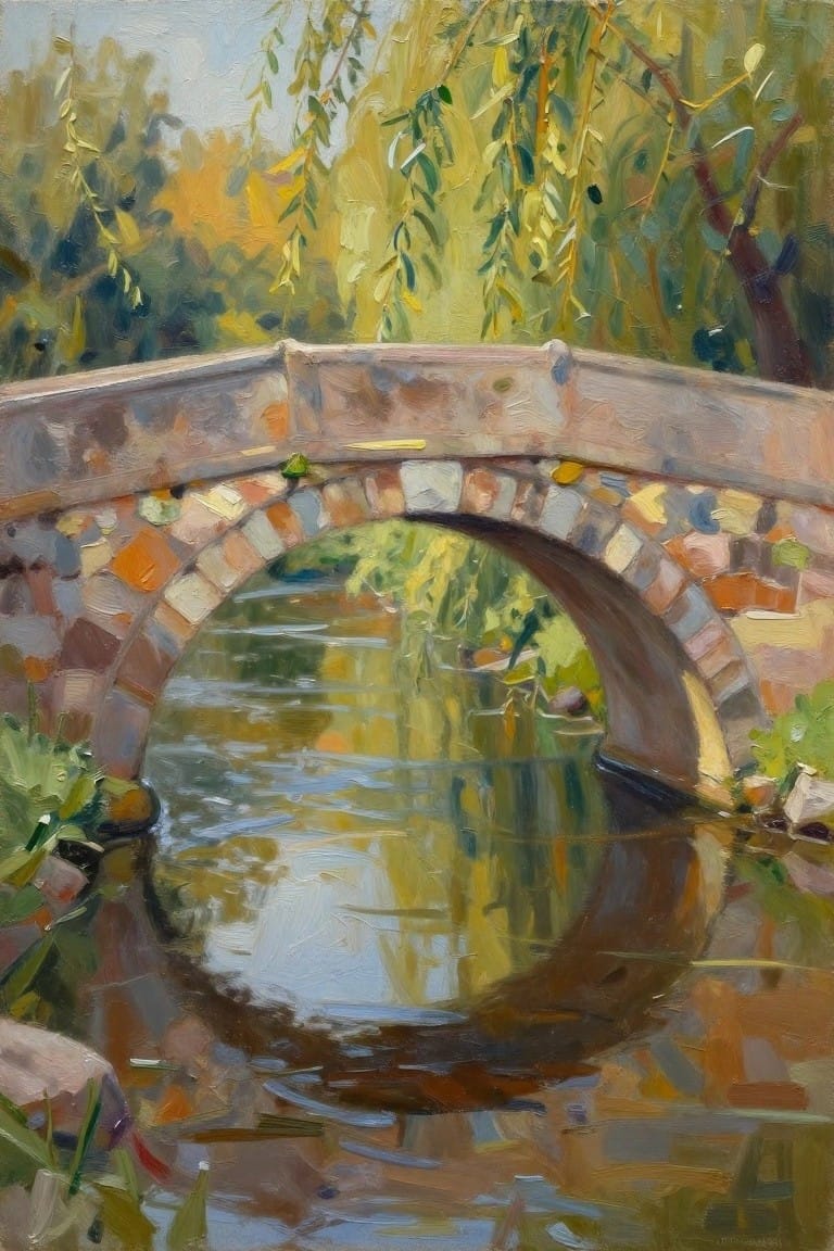 An oil painting of a stone bridge arching over a stream with reflections of trees and foliage in warm natural colors.