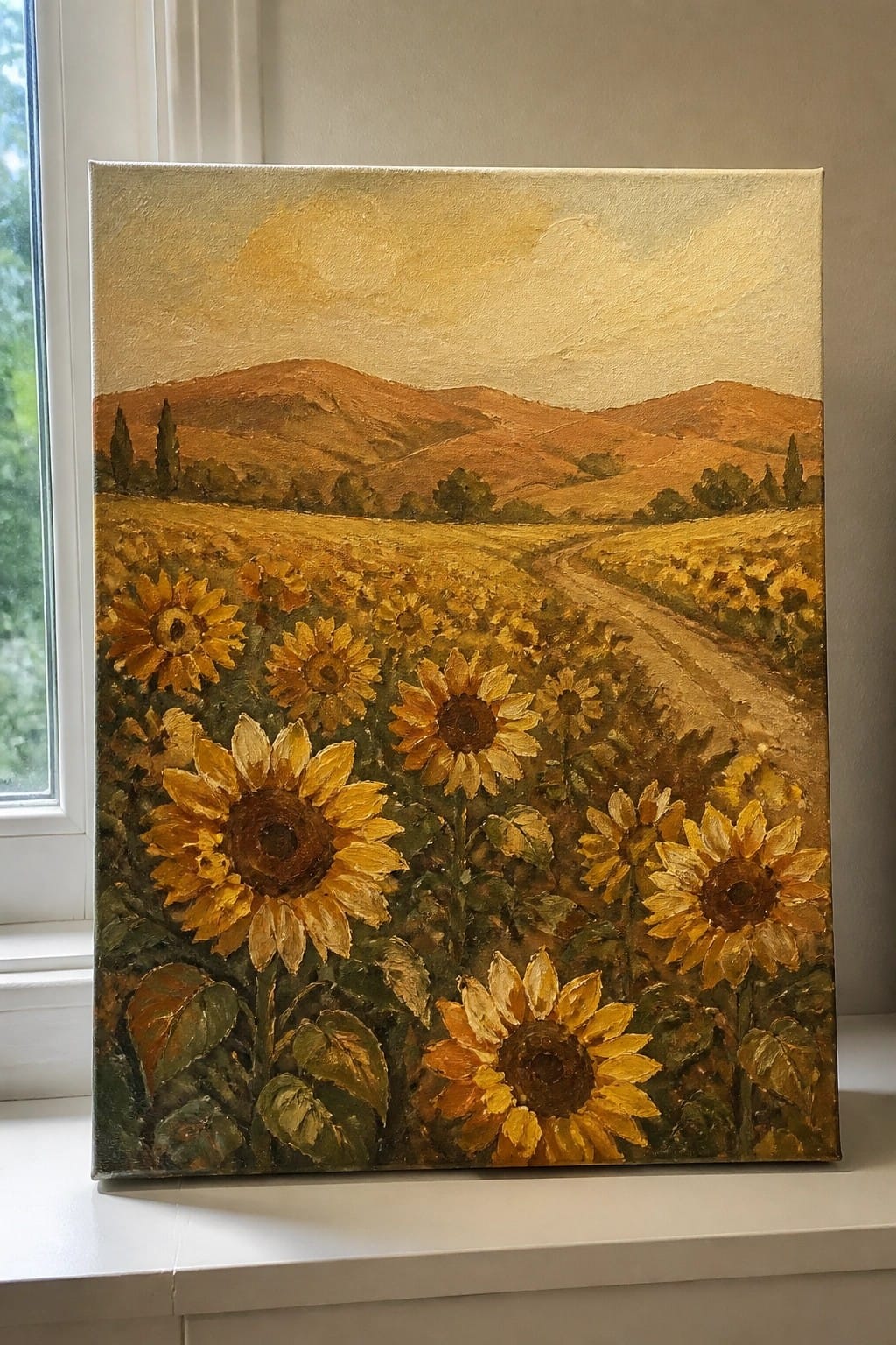 Sunflower field oil painting with winding path and rolling hills at sunset