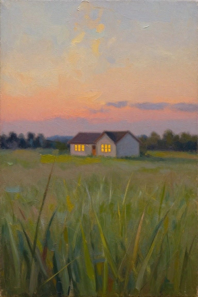 An oil painting of a small house with two lit windows sitting in a green meadow under a pink and orange sunset sky with tall grass in the foreground.