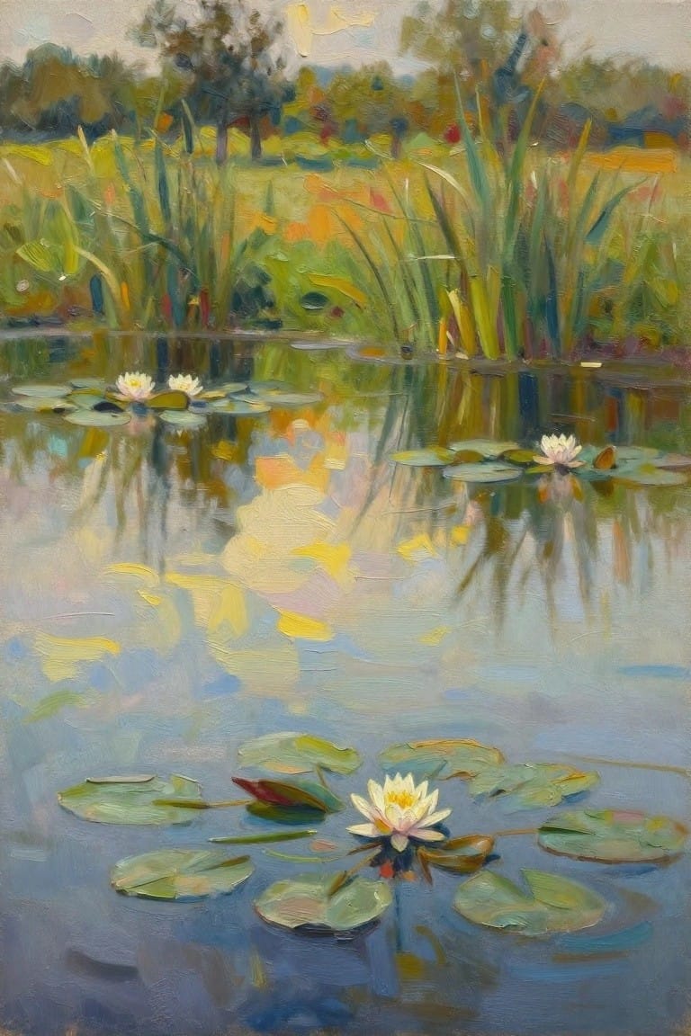 Impressionistic painting of white water lilies floating among pads on a reflective pond