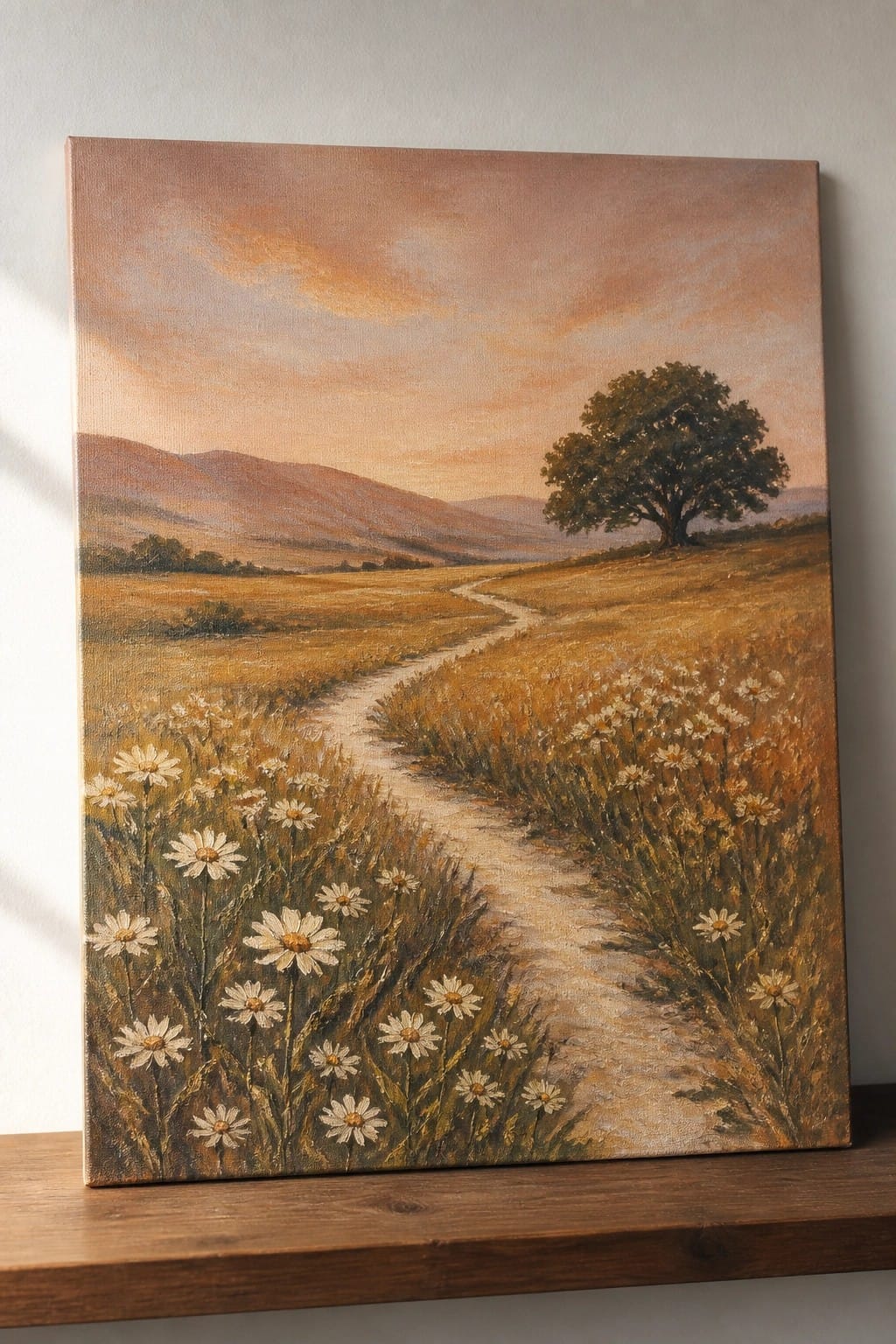 Winding path through field of daisies with lone tree and hills at sunset.