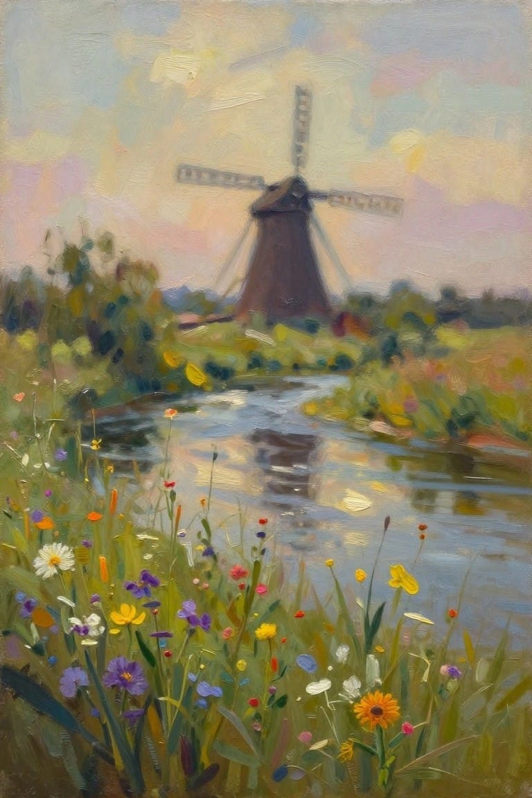 Impressionistic painting of windmill by stream amid colorful wildflower meadow under pastel skies