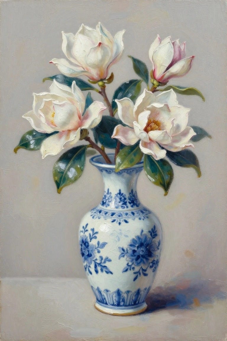 White magnolias with green leaves in a blue floral porcelain vase.