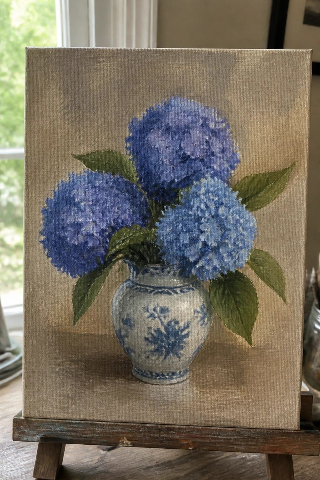 Oil painting of blue hydrangeas in a blue-patterned vase on a wooden easel