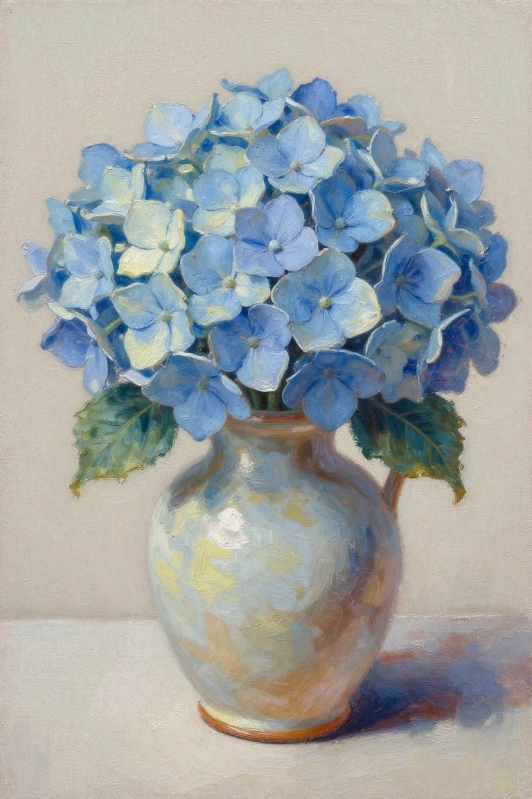 Blue hydrangeas in a mottled ceramic vase on a pale surface, oil painting style.