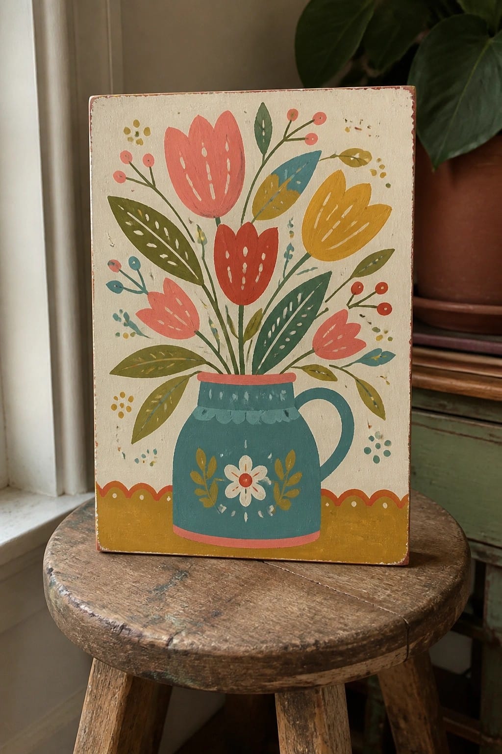 Colorful folk art painting of tulips in a teal pitcher on a wooden stool