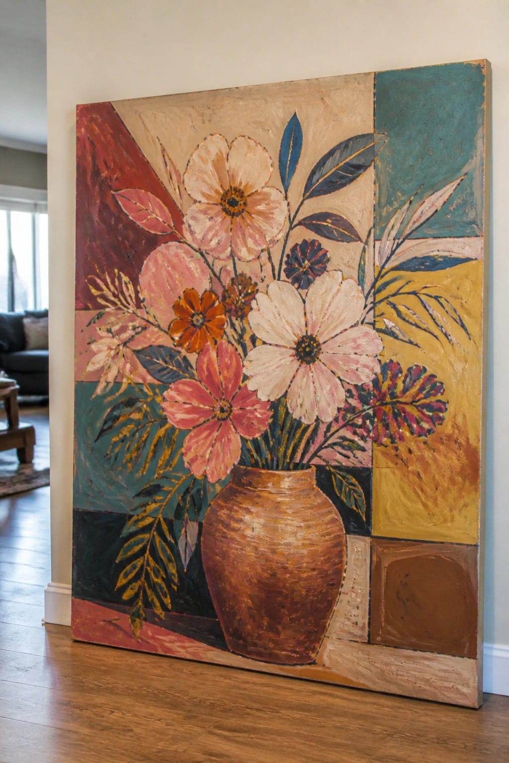 Abstract painting of colorful flowers in a brown vase against geometric background blocks.
