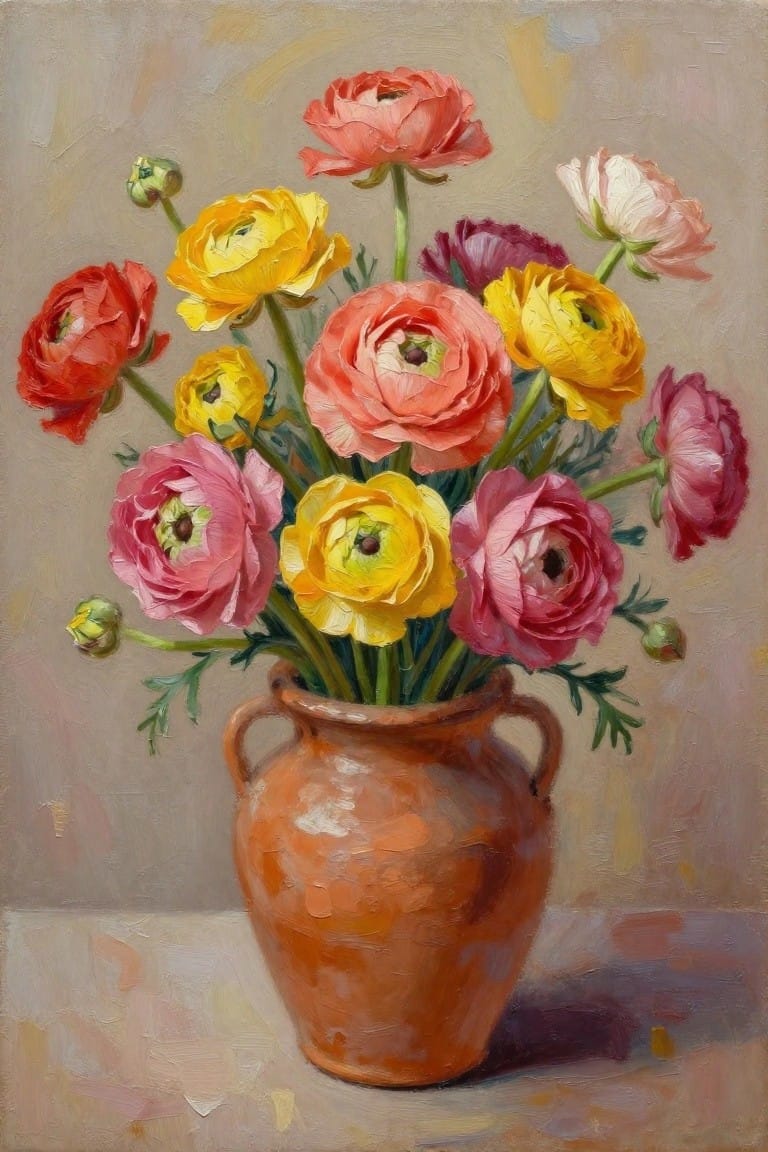 Vibrant ranunculus bouquet in terracotta vase, colorful oil painting style