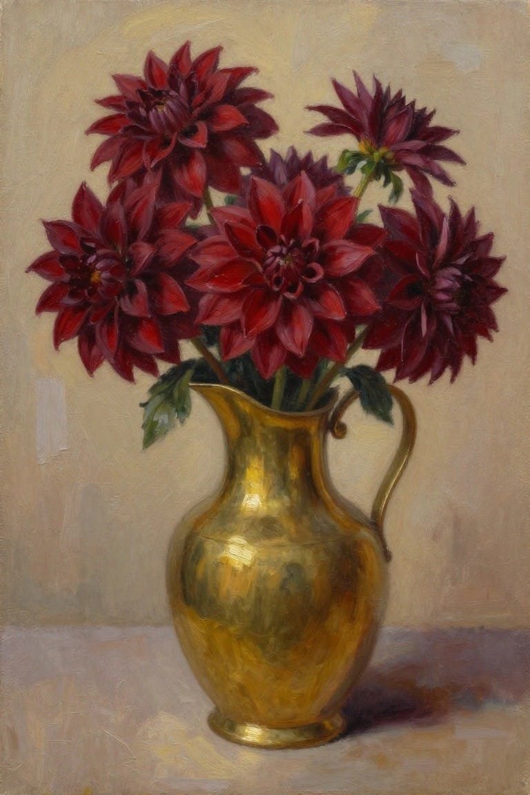 Red dahlias in a polished golden pitcher against neutral background