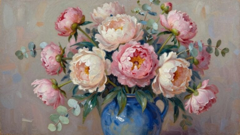 19 Colorful Floral Still Life Oil Painting Ideas Built Around Vases and Bouquets Pink and white peonies in a blue two-handled vase with eucalyptus leaves and petals