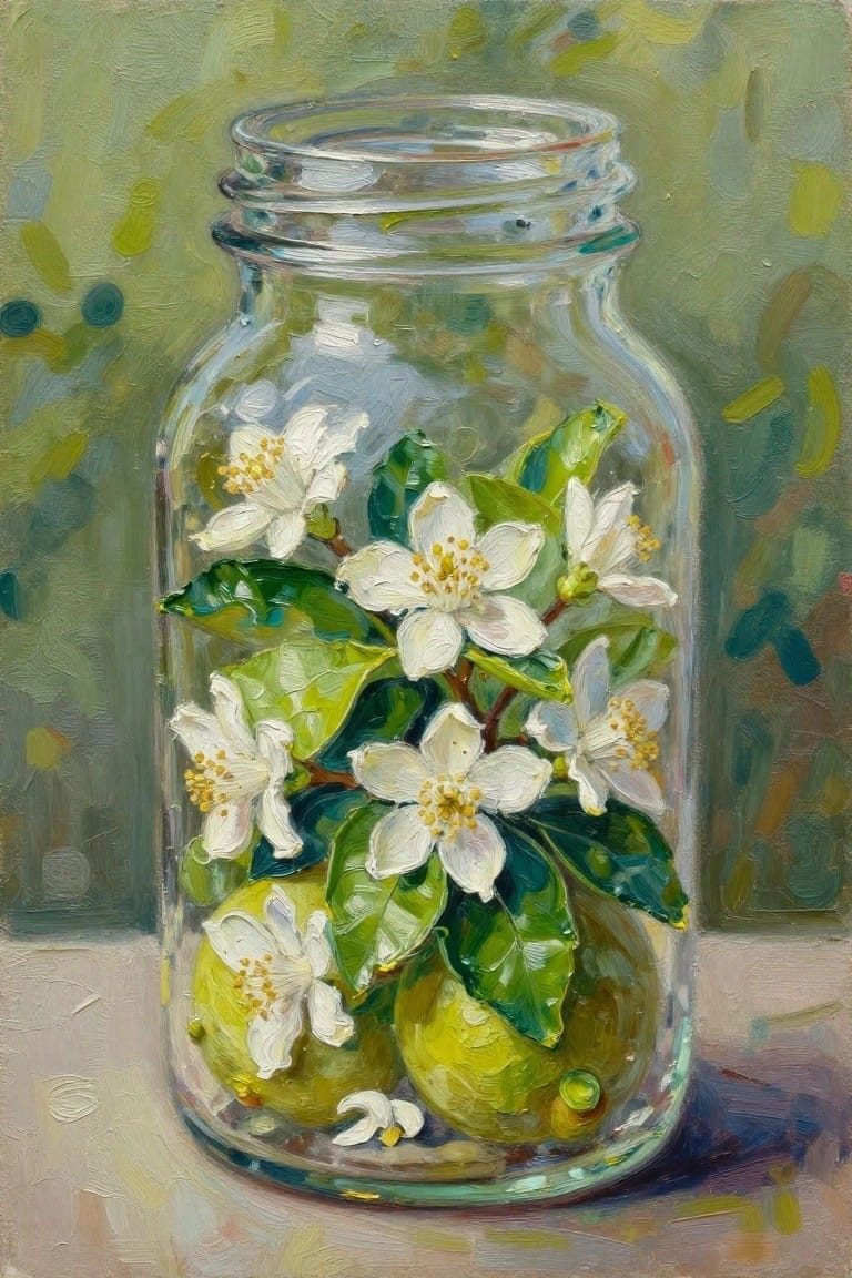 An oil painting of white flowers with yellow centers and green leaves inside a clear glass jar, with round green fruit visible at the bottom.