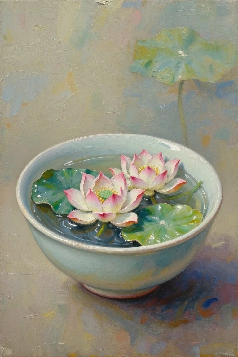 An oil painting of a light blue bowl filled with water, two pink lotus flowers, and green leaves floating on the surface against a soft neutral background.