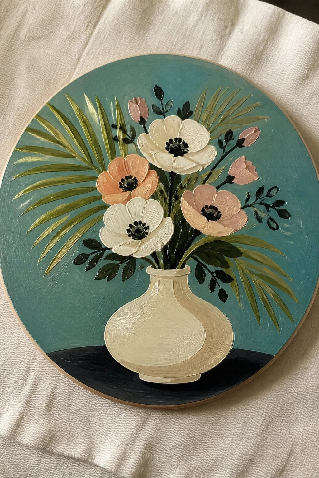 Circular painting of white, peach, and pink flowers in beige vase on teal background