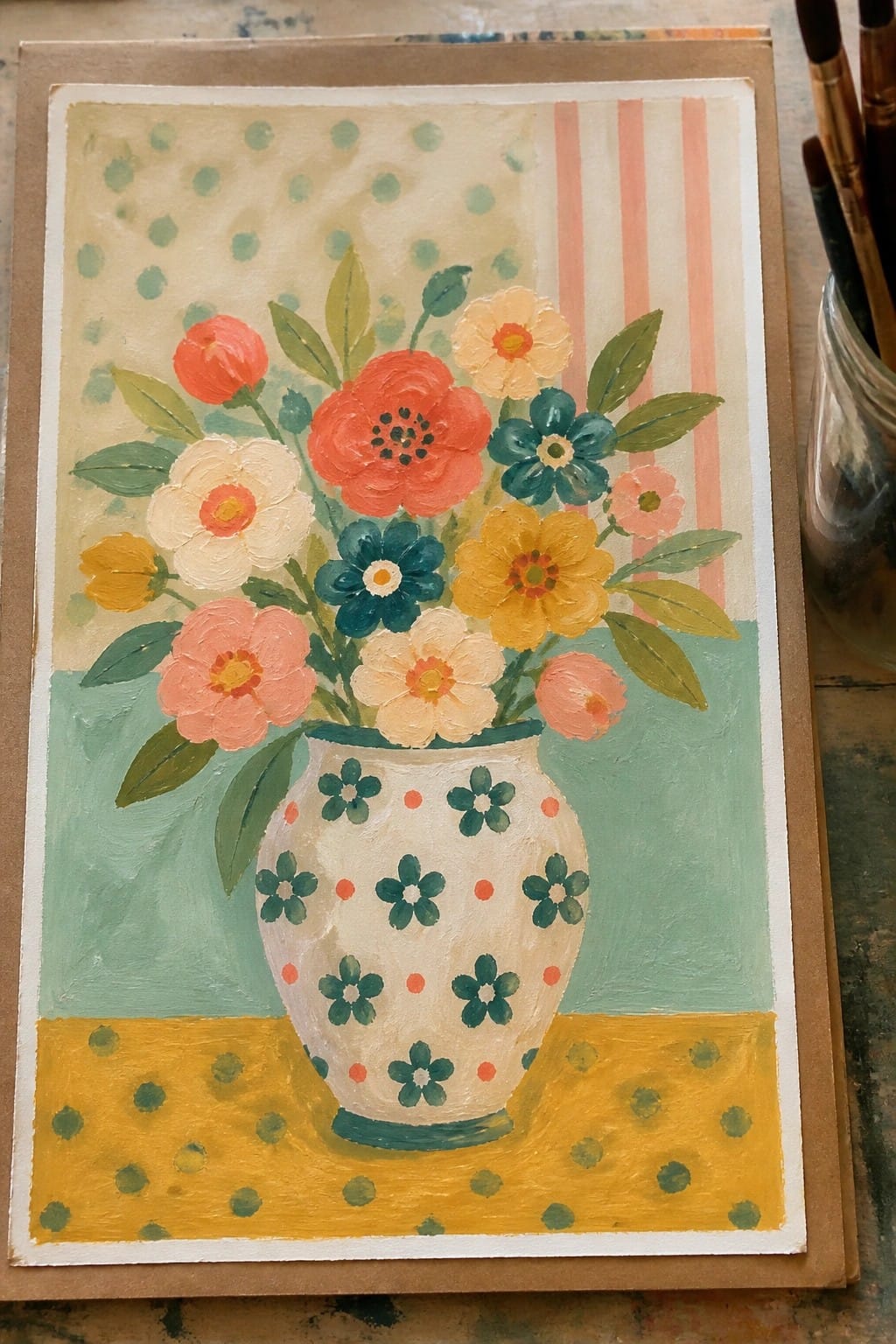 Vibrant bouquet of colorful flowers in a patterned vase on yellow dotted surface.