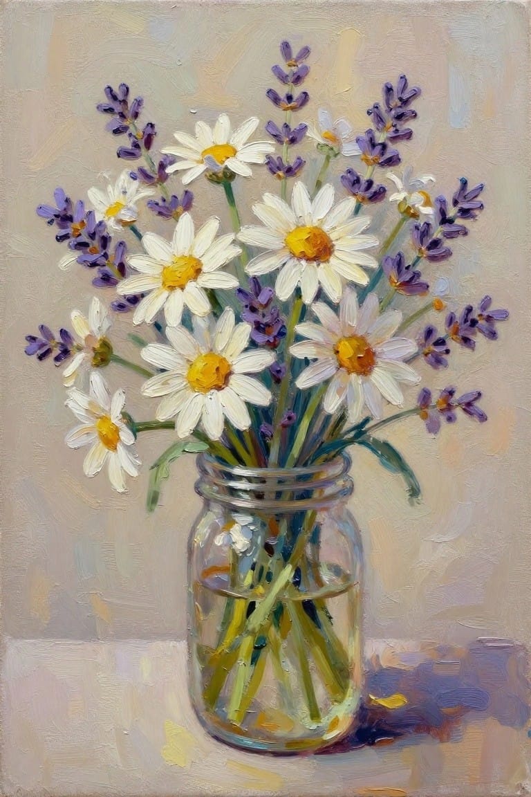 Impressionistic painting of white daisies and purple lavender in a glass jar