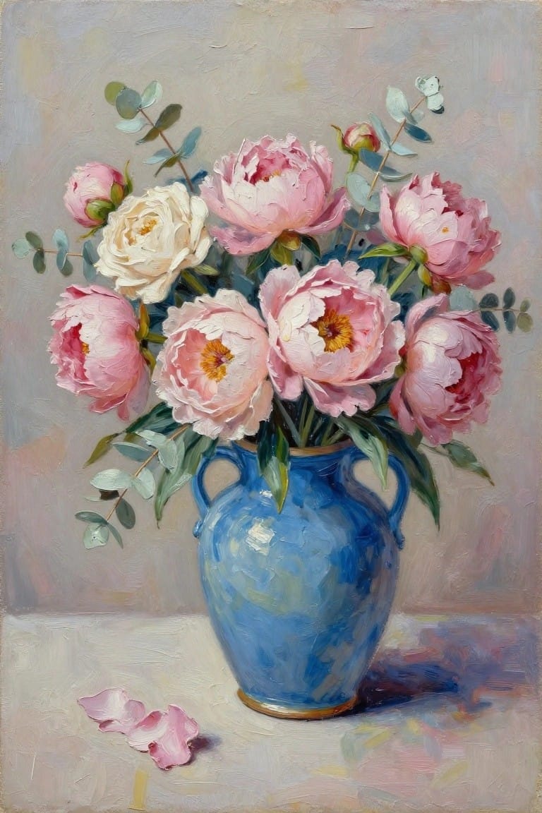 Pink and white peonies in a blue two-handled vase with eucalyptus leaves and petals