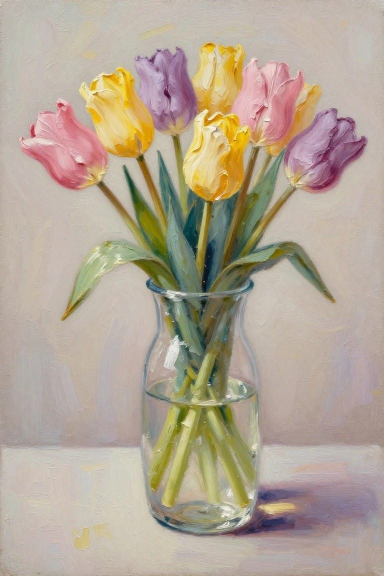 Painting of pink, yellow, and purple tulips in a glass vase with water.